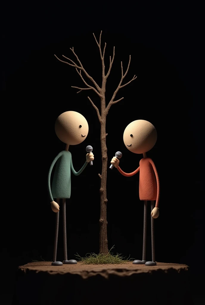2 stick figures seeing each other holding a mic black background and an ambient stick tree behind