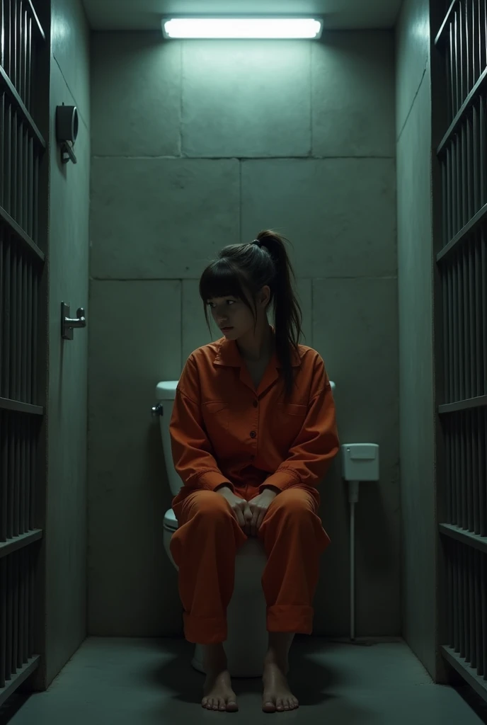 a 20 yo brunette with a ponytail is in a prison cell. She is wearing a orange jumpsuit. She is sitting on the toilet of her cell. She looks very sad and she is very cute