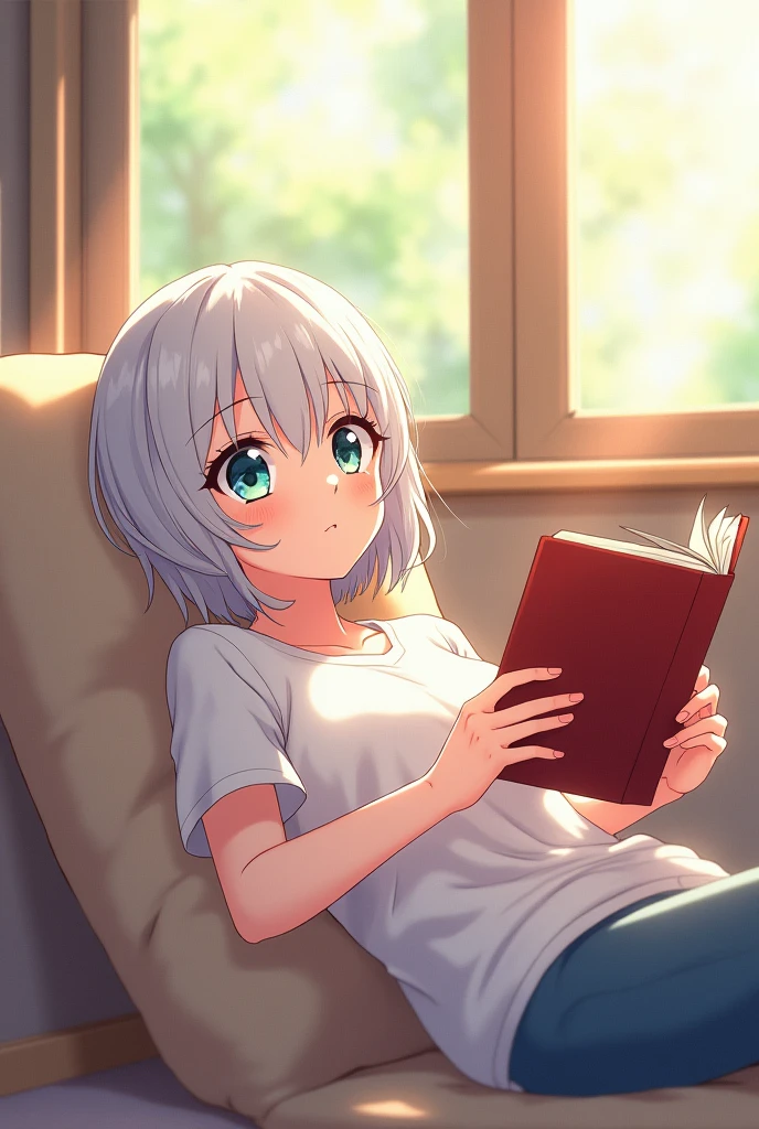 anime style, young adult woman, with one blue eye and one green eye, short white hair.
The woman is lying on the floor looking up. , with the head resting on a pillow.
Her legs are raised and resting on the wall., creating a right angle with your body.
He is holding a book with both hands, which is reading in a relaxed manner.
The camera is positioned to the side,, allowing it to capture both your relaxed posture and the characteristics of the environment, including the wall where your legs are resting and the windows that let in natural light..