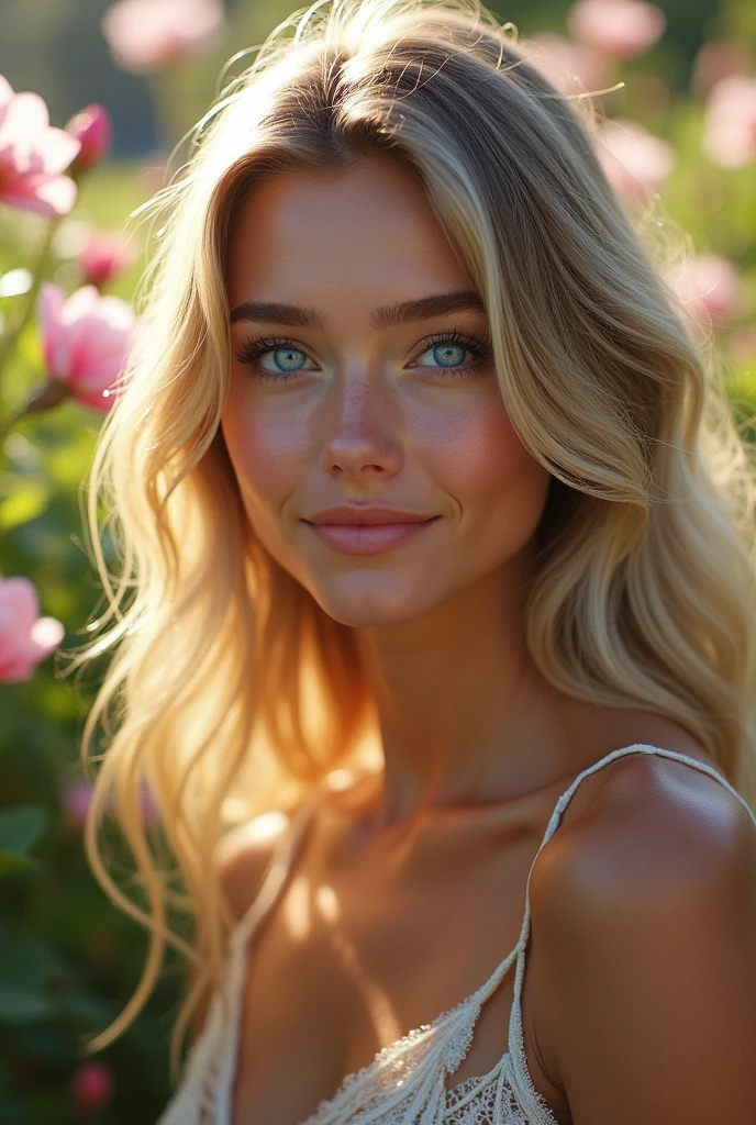 Young woman with blue eyes, beautiful look, beautiful lip, mid-length wavy blonde hair with highlights and very realistic