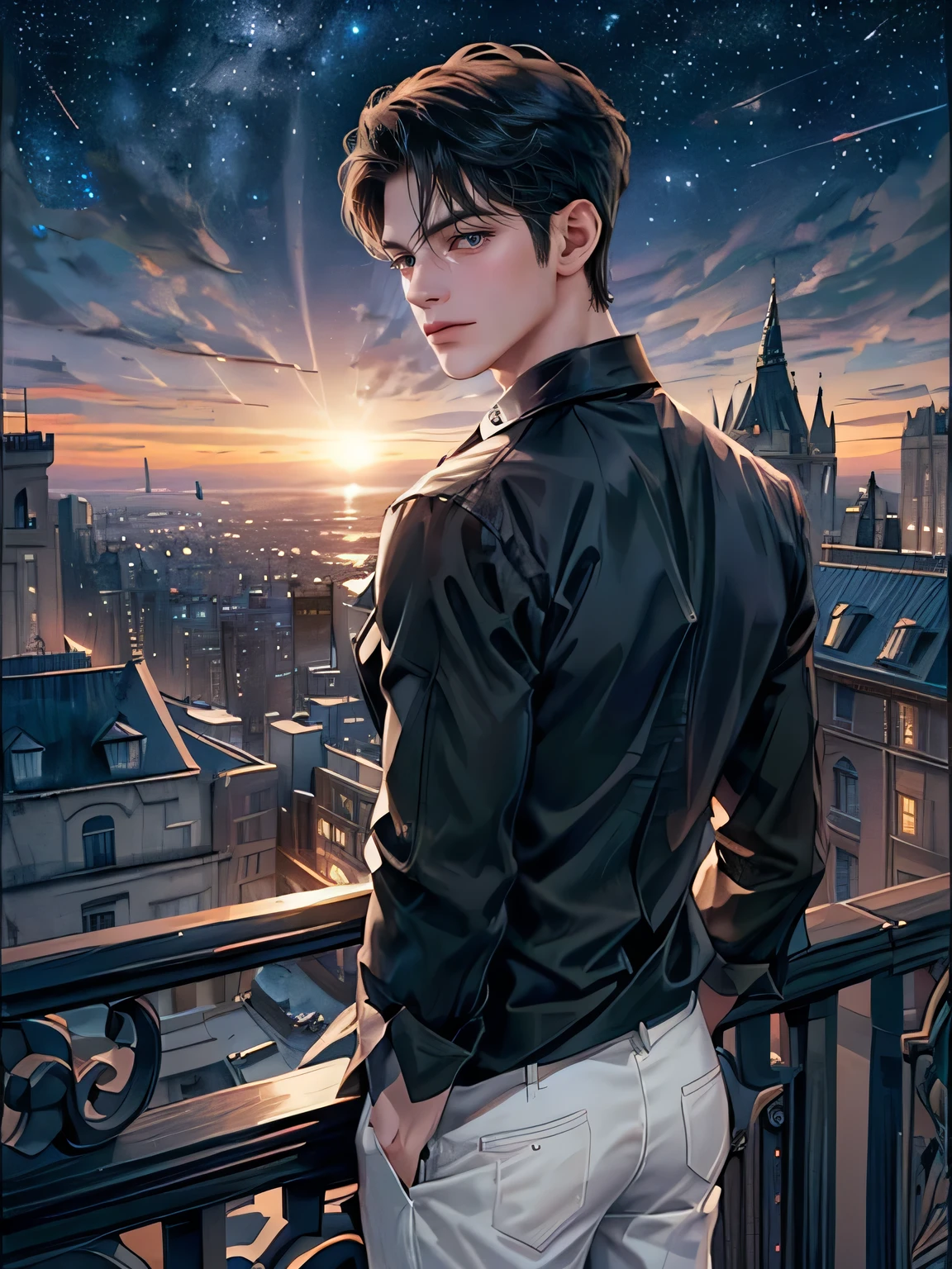 ((4K works))、​masterpiece、(top-quality)、One Beautiful Boy、Slim body、tall、((Black Y-shirt and white pants、Charming street style))、(Detailed beautiful eyes)、Stylish English Black Balcony、Castle inhabited by villains、Black shop window、Balcony at night、((Starry sky in the background))、((dark sky))、((Stylish cityscape))、((Shot on a stylish veranda))、mid night、((Short-haired black hair))、((Smaller face))、((Neutral face))、((White eyes))、((American adult male))、((Adult male 26 years old))、((Cool Men))、((Like a celebrity))、((Gentle look))、((Korean Makeup))、((elongated and sharp eyes))、((Happy dating))、((boyish))、((Upper body photography))、Professional Photos、((Shot alone))、((shot from back))、((Shot so that the back of the head is visible))、((Shot in close proximity to him))、((Focus zoom in))、((He is watching the sunset))、((He is standing on the balcony))