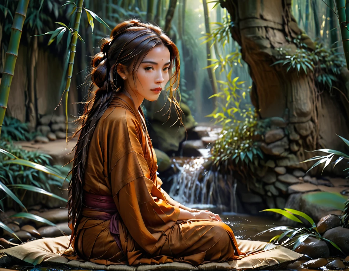 a picture of a (female monk: 1.2) sitting and meditating near a waterfall in a bamboo forest,  there is a human woman monk wearing monk garbs, (epic sized waterfall: 1.3), dynamic hair color, long hair, full body (best details, Masterpiece, best quality :1.5), ultra detailed face (best details, Masterpiece, best quality :1.5), ultra feminine (best details, Masterpiece, best quality :1.5), exquisite beautiful (best details, Masterpiece, best quality :1.5) dynamic hair color hair, long hair, wavy hair, pale skin, dynamic eyes color, intense eyes, water coming down from a volcanic cliff, she is sitting in a rich epic bamboo forest, clear water in many hues of blue and azure, it is the dawn of day, between night and day, the sun is rising, a time of meditation and serenity, bamboo forest background, fantasy art, photorealistic, D&D art, ultra best realistic, best details, best quality, 16k, [ultra detailed], masterpiece, best quality, (extremely detailed), ultra wide shot, photorealism, depth of field, hyper realistic painting, Cinematic Hollywood Film, Intense gaze