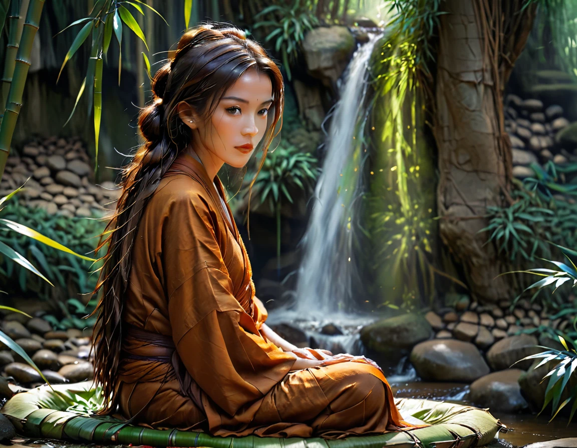 a picture of a (female monk: 1.2) sitting and meditating near a waterfall in a bamboo forest,  there is a human woman monk wearing monk garbs, (epic sized waterfall: 1.3), dynamic hair color, long hair, full body (best details, Masterpiece, best quality :1.5), ultra detailed face (best details, Masterpiece, best quality :1.5), ultra feminine (best details, Masterpiece, best quality :1.5), exquisite beautiful (best details, Masterpiece, best quality :1.5) dynamic hair color hair, long hair, wavy hair, pale skin, dynamic eyes color, intense eyes, water coming down from a volcanic cliff, she is sitting in a rich epic bamboo forest, clear water in many hues of blue and azure, it is the dawn of day, between night and day, the sun is rising, a time of meditation and serenity, bamboo forest background, fantasy art, photorealistic, D&D art, ultra best realistic, best details, best quality, 16k, [ultra detailed], masterpiece, best quality, (extremely detailed), ultra wide shot, photorealism, depth of field, hyper realistic painting, Cinematic Hollywood Film, Intense gaze
