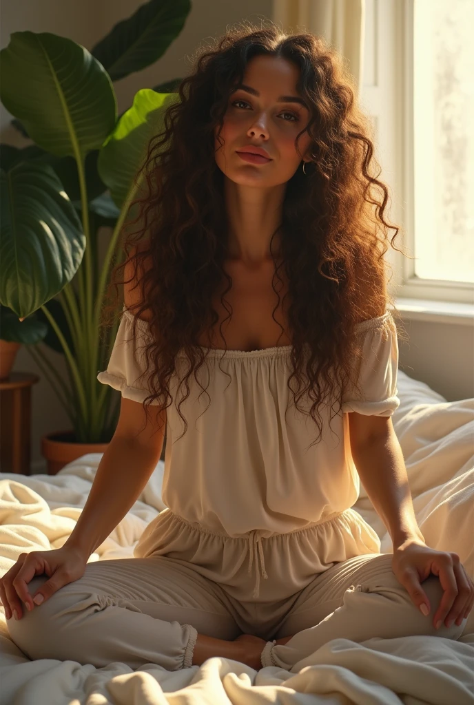 (photorealism:1.2), beautiful woman, sitting on bed, wearing loose off-shoulder top, pajama pants, long curly hair, indoors, soft lighting, plants in background, window with sunlight, cozy room, relaxed pose, realistic, intricate details, warm colors, by Greg Rutkowski, by Alphonse Mucha
