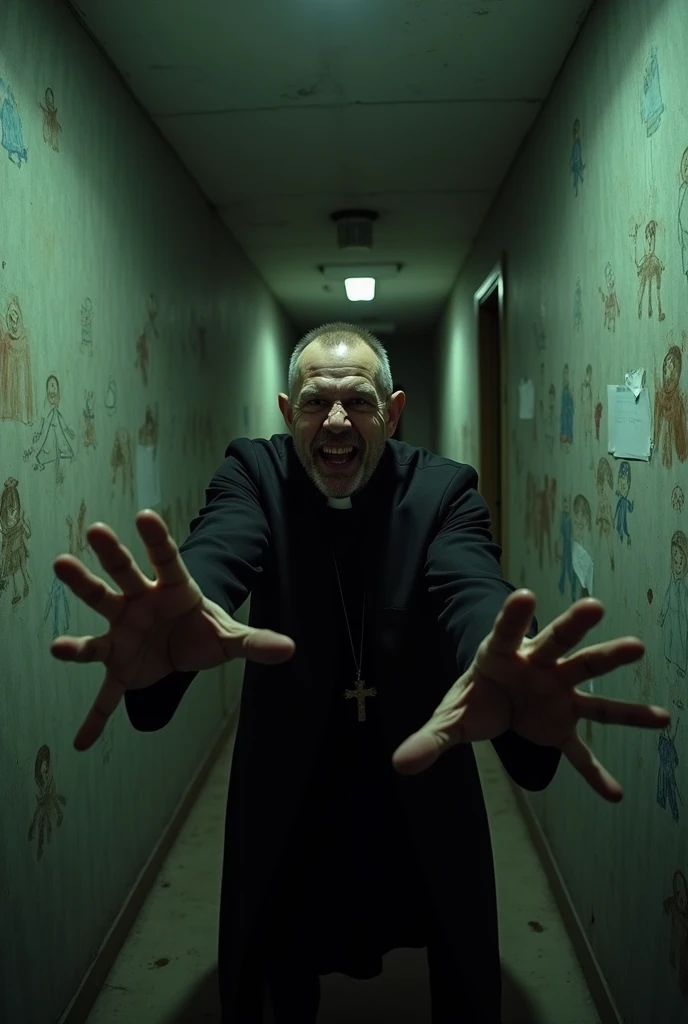 oprhanage (setting)
priest lunging towards the camera
make it in an early 90s tone
make him look creepy
make it in landscape
make him smile with bad intent

