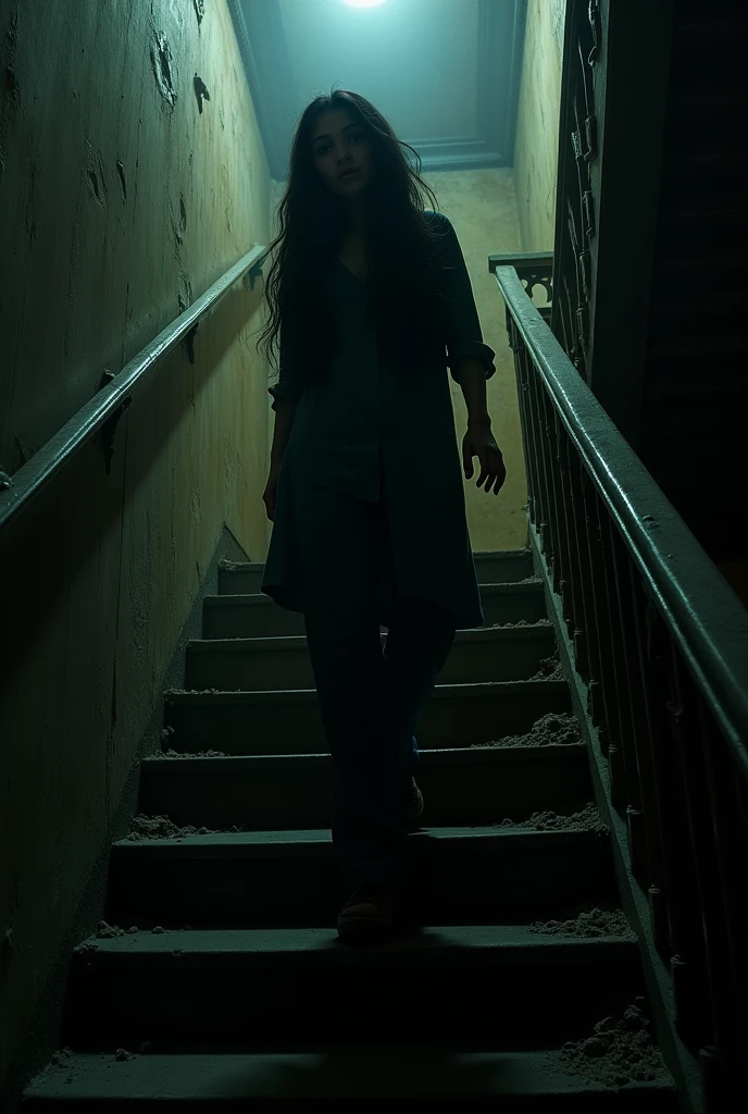 Image Prompt*: Priya descending a dark, wooden staircase leading to a basement.