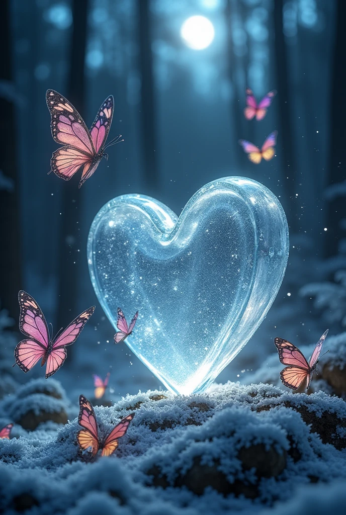 Metallic butterflies flying around a human heart made of ice