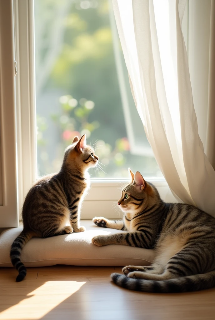 Cute room, big window, curtains. A kitten sitting by the window, showing its back, making a heart shape with its long tail. Male and female cats, beautifully detailed. Cute and heartwarming.