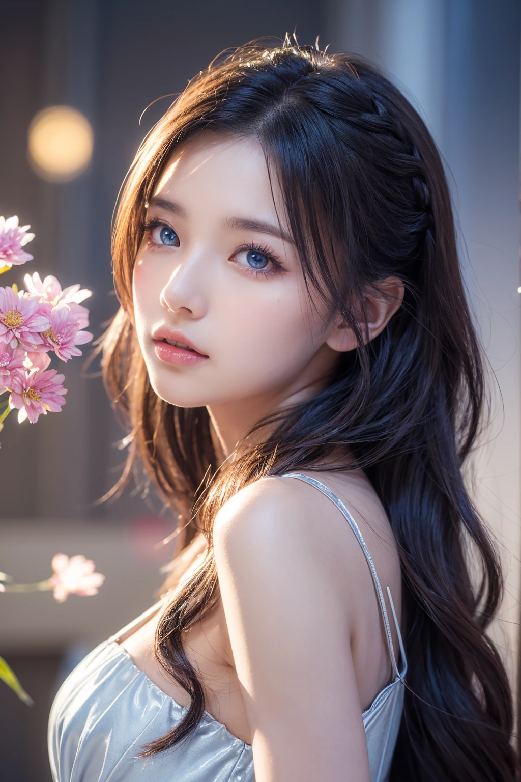 (On top of that),Dynamic Angle,Very detailed, shape, direct, 1 person, (Fantasy:1.4), (Bright Blue Eyes:1.233),Her eyes shone like dream-like stars,(Glowing Eyes:1.233),(Beautiful and delicate eyes:1.1),(Silver Hair:1.14),(Messy Hair,Very long hair,French Braid,Hair between the eyes,Side Lock), (+(flower:1.14)),(Chiffon dress,青いflower柄)/=(:1.24),(Don&#39;sleeveless,Wide sleeves),(gloves),necklace,(Micony high socks),High heel boots,(awkward),(obstinacy), (located in an old white palace、princess bedroom with a vanity and floor-to-ceiling windows),(白いflower,bloom),(Dark Blue World Tree:1.14),(what&#39;Remaining),(night:1.2),dream-like,soul,(fluorescence), [[Thin fingers and hands:0.55]::0.85],(Finger details),(Soup dumplings:0.5)、beret、Escape、18-year-old、Large Breasts, Highest quality, Very detailed, Beautiful light, Beautiful views, Mild hot flashes, smile, ((masterpiece)), (Japanese Manga:1.5), ((Highest quality)), (RAW Photos: 1.2), (Professional photography:1.2), whole body, 8k, From the side, Wide-angle lens,