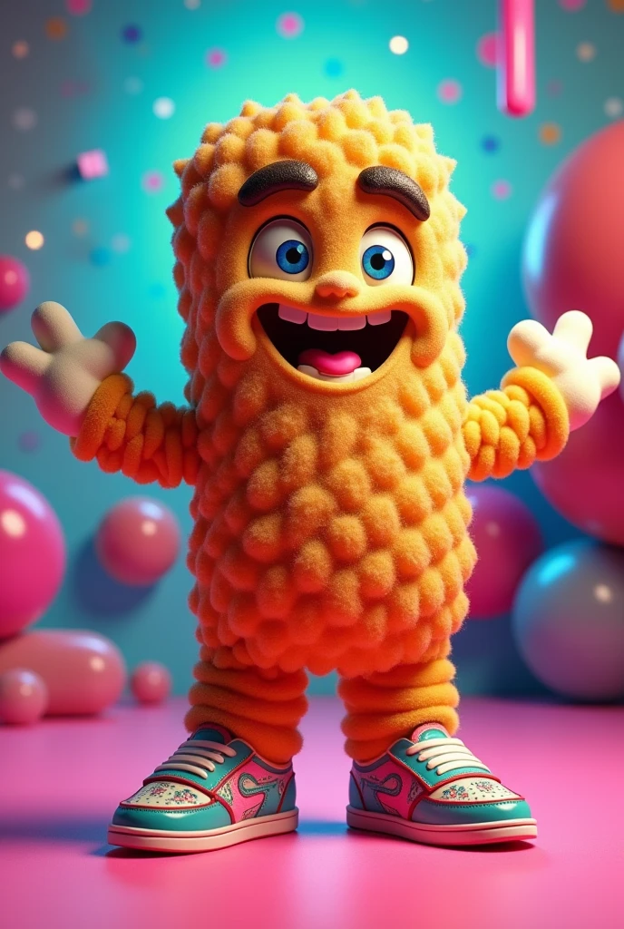 charachter: A male churro with a confident and friendly appearance.
styled: The churro should have a design inspired by the 80s, with a style that evokes the 3D aesthetic of that time. The look should remind you of the 3D drawings and animations of the 80s, with vibrant colors, clear lines, and a slight retro touch that evokes nostalgia.
cos: The churro's body should be the sweet itself, With a wavy texture and golden brown color, Similar to a fried churro. the face (eyeballs, nariz e boca) must be directly on the churros, no white background or overlay. Os eyeballs são expressivos, with striking eyebrows, and the smile is wide and friendly, maintaining the 80s 3D style.
arms: The churros must have two arms, one of them making the gesture of "jewel" with a white glove on his hand. The arms should have a retro animation style, with details that refer to the classic 3D design.
flegs: The churro should also have two legs proportional to the body, With shoes on his feet, which can be of classic style, adding a fun touch to the character. The shoes should also follow the retro design, with colors and shapes characteristic of the 80s.
