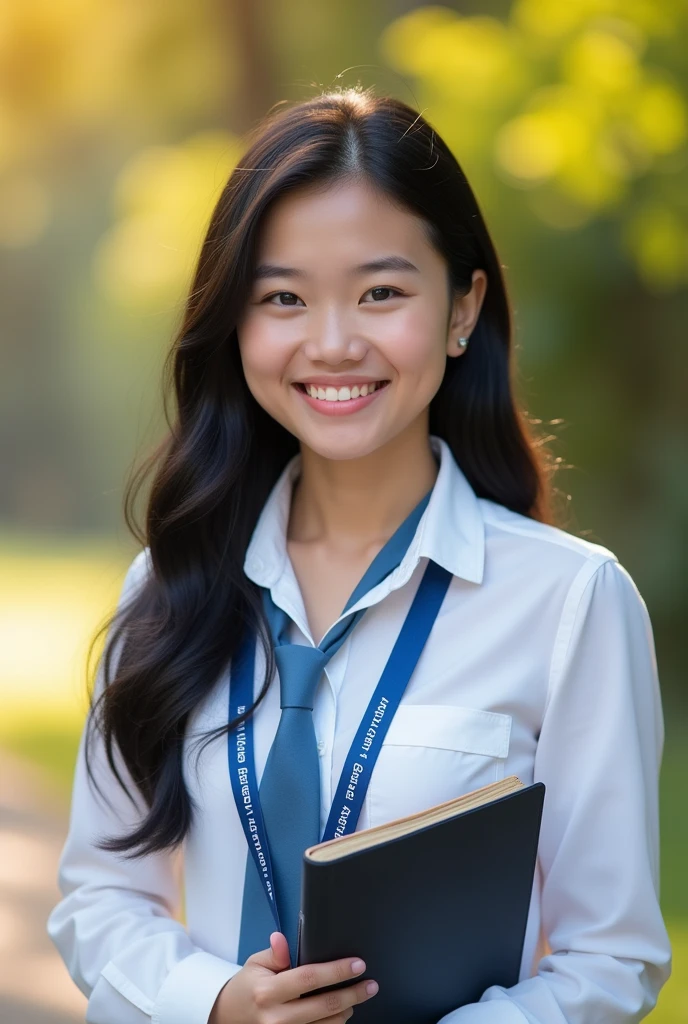 (Masterpiece),(complication:1.3),(The most realistic),((not revealing or provocative)),(Dress appropriately and neatly.),(A student), A portrait of a woman, 18 years old, beautiful face, beautiful faceแบบไทย ,long black hair ,smiling and happy, holding a notebook, Thai person ((wearing a white long-sleeved collared shirt)), (Wear a blue lanyard with white lettering that says "kalasin Vacational School"),Wear a blue tie, Dressed simply,warm light, weak sunlight, Photo shows only half of the body ,professional photographer for detailed photos, Have clarity, dramatic, Awarded first prize, Cinematic lighting, (film grain,A blurry background, Blurred background, bokeh, depth of fied),(Children under 18 years old can watch.)