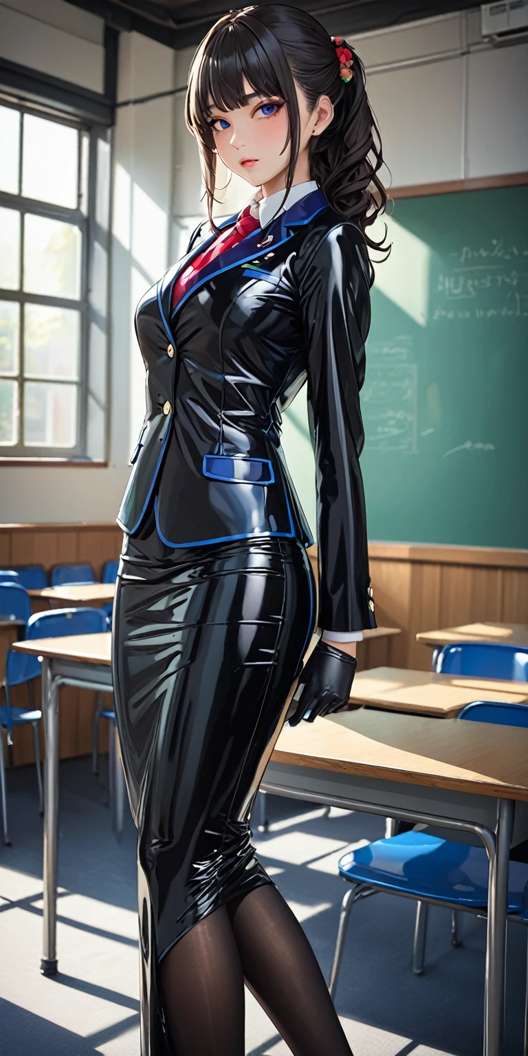 Portraiture、(masterpiece,Highest quality,Ultra-high resolution),Japanese women, (((A very beautiful 25-year-old woman))),(A high school girl's uniform made of colorful latex.)、Latex long-sleeved blazer、、Long skirt made of latex、Latex gloves、Latex tights、Dark Classroom