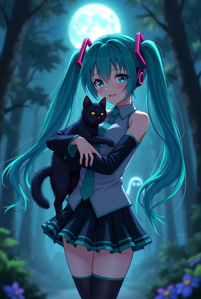 Anime art, anime style, detailed drawing, beautiful forest background background, high definition, high quality, one girl, solo, Hatsune Miku, aqua hair, twin tails, headphones, number tattoo "01" (red, located on her right hand), grey sleeveless collared shirt, black detached sleeves with aqua lines, five fingers with aqua nails, aqua necktie, black pleated mini skirt with aqua lines, zettai ryouiki, thigh-high black boots with aqua lines.
Get example from this image: https://vocaloidespanol.fandom.com/es/wiki/Hatsune_Miku?file=Hatsune_Miku.png
Miku Hatsune hugging a black cat in the night; there is ghost following her behind