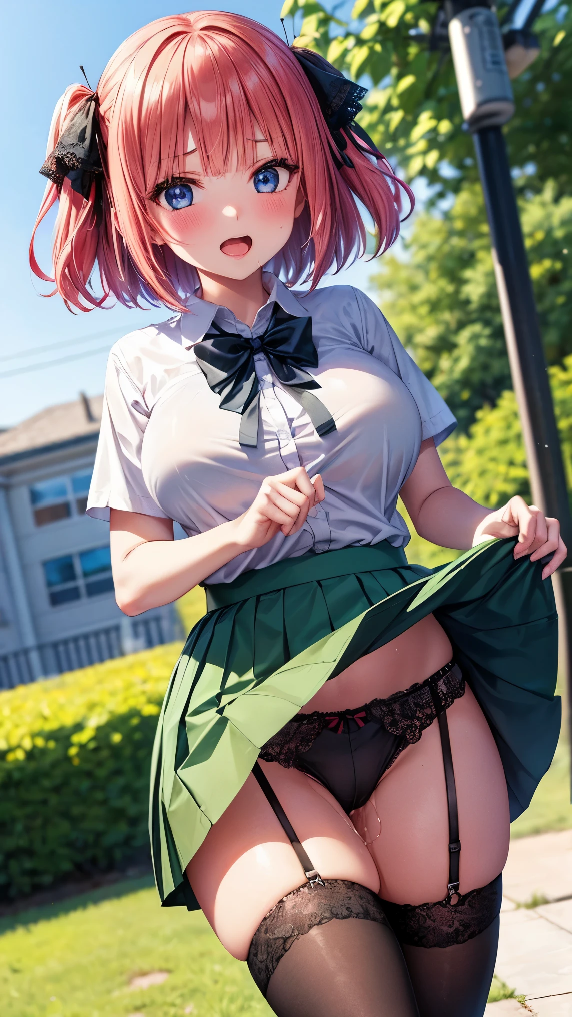 best quality,1girl,((big breasts:1.1)),orgasm,blush,sweat,steam,nino nakano, short hair, bangs, blue eyes, hair ornament, hair ribbon, pink hair, blunt bangs, two side up, butterfly hair ornament,((school uniform, white shirt, green skirt, mini skirt, black thighhighs,black panties,lace panties:1.3)),garden,pussy juice