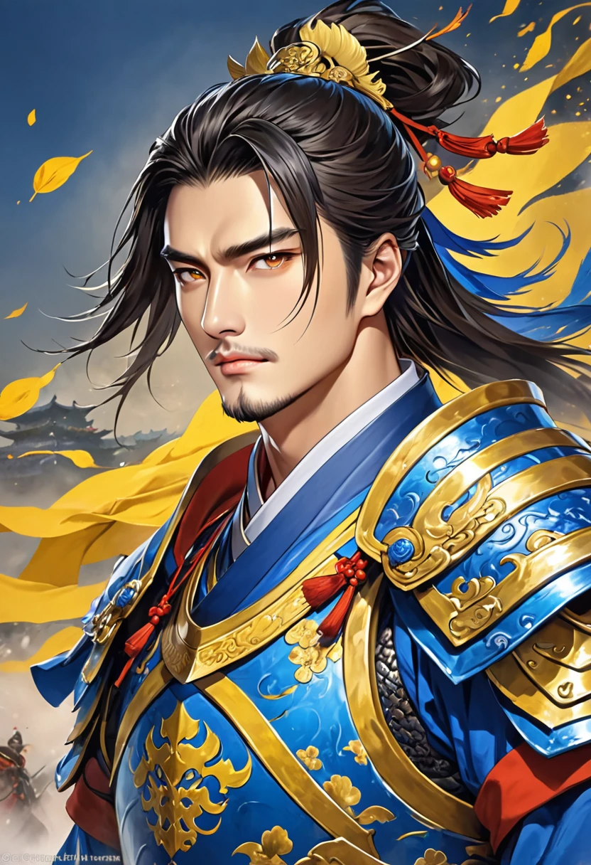 Three Kingdoms Zhou Yu, very handsome, Chinese armor, nice guy, shave, Armor of blue and yellow,