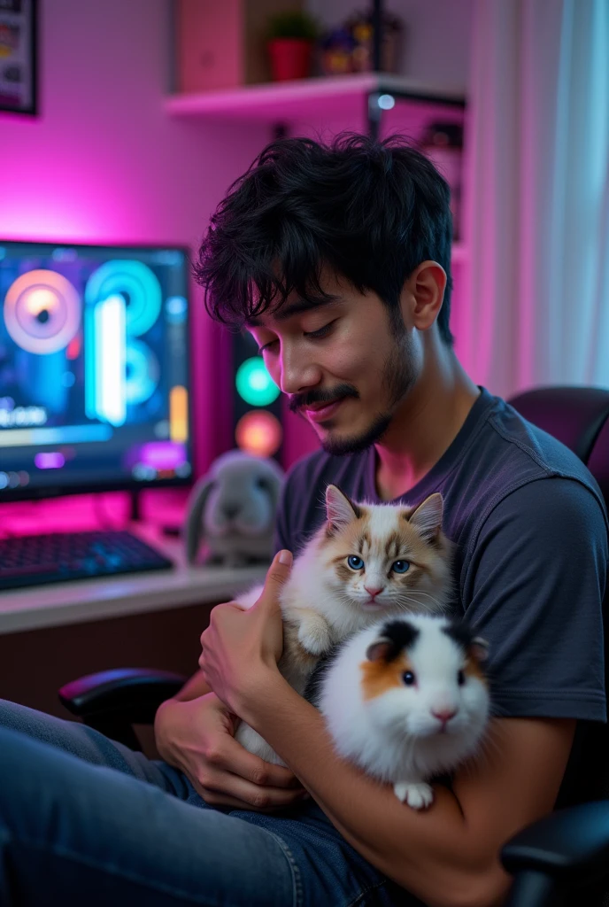 Create a 2D image of a 20-year-old man with short black hair, a black mustache, and a short black beard, holding a Birman kitten, against a background of a gaming PC. In the background, there is a giant grey Flemish rabbit and a white guinea pig with a black spot on one ear and an orange spot on the other ear.