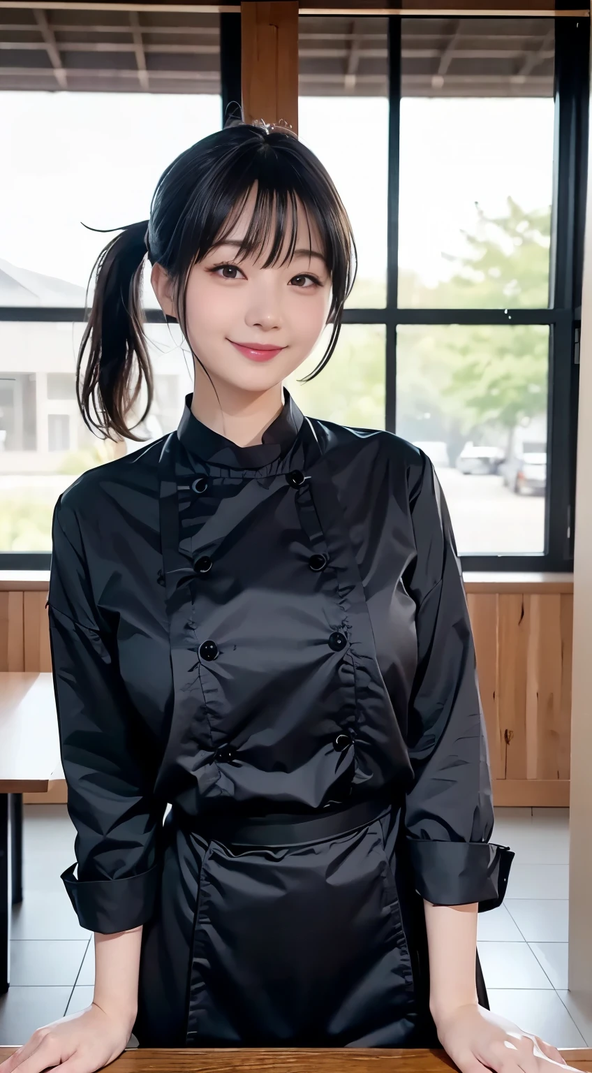 (Highest quality,masterpiece:1.3,Ultra-high resolution,),(Very detailed,Caustics),(Realistic:1.4,RAW shooting,)Ultra-Realistic Capture,Very detailed,High resolution 16K human skin closeup。 Natural skin texture、,pores、、、、It must be detailed enough to be easily identifiable。 Skin tone is even and healthy looking。 Use natural light and color,restaurant,Waitress Uniform,1 person,Japanese,18-year-old,cute,Black-haired,ponytail,Big Breasts,smile,Turn your body forward,(Front view:1.1),Looking into the camera,Cowboy Shot,