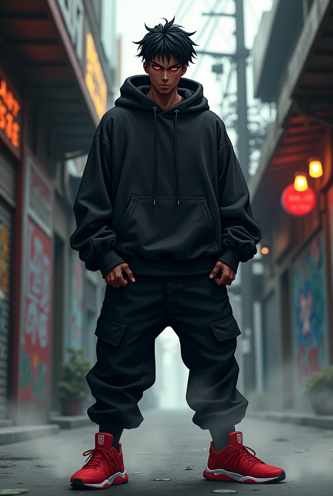 Dark skin Anime male fighter with black hair and red eyes and a black hoodie and black pants and red shoes