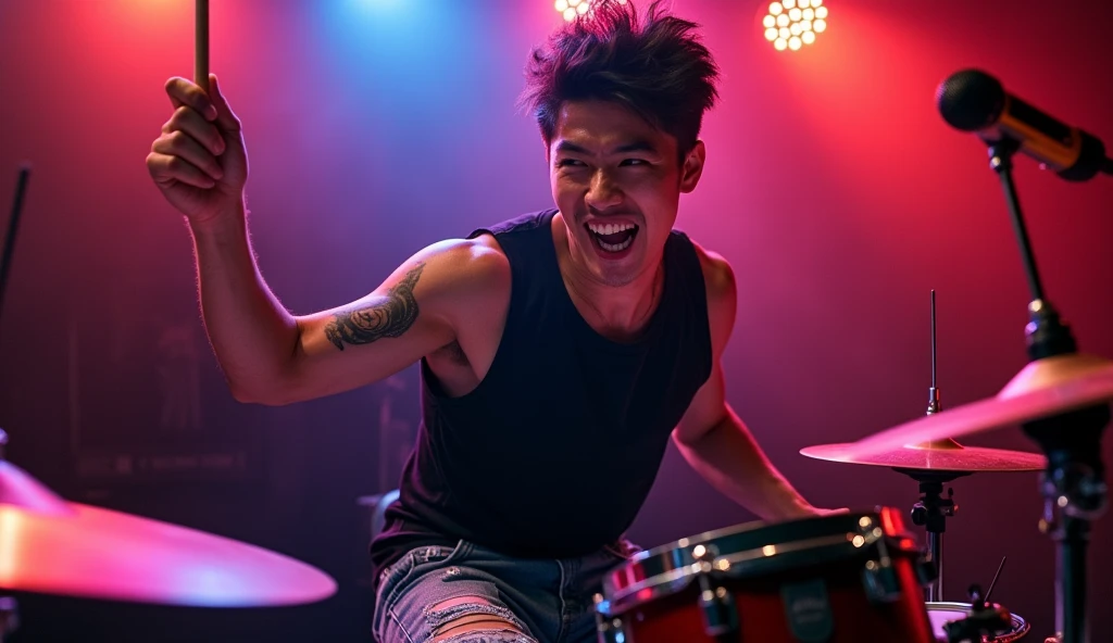 Close up of Handsome korean drummer seen to raise his hand holding drumstick, face energized and looking excited, eyes looking at camera, sleeveless black shirt, ripped jeans, tattoes, nice body and nice shoulder, over shoulder shot. in a club. focus on his face and drums. HDR, Realistic