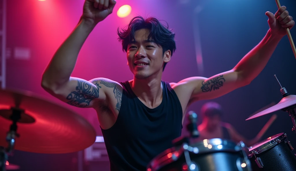 Close up of Handsome korean drummer seen to raise his hand holding drumstick, face energized and looking excited, eyes looking at camera, sleeveless black shirt, ripped jeans, tattoes, nice body and nice shoulder, over shoulder shot. in a club. focus on his face and drums. HDR, Realistic