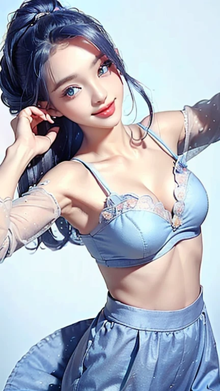 ((Highest quality, 8k, masterpiece: 1.3)), ((One person:1.5)), The beauty of slim abs: 1.3, Casual Hairstyles, (Blue Long Group: 1.5), Very beautiful face, Delicate eyes, double eyelid, smile, (, Dancing
Waiting to start 
