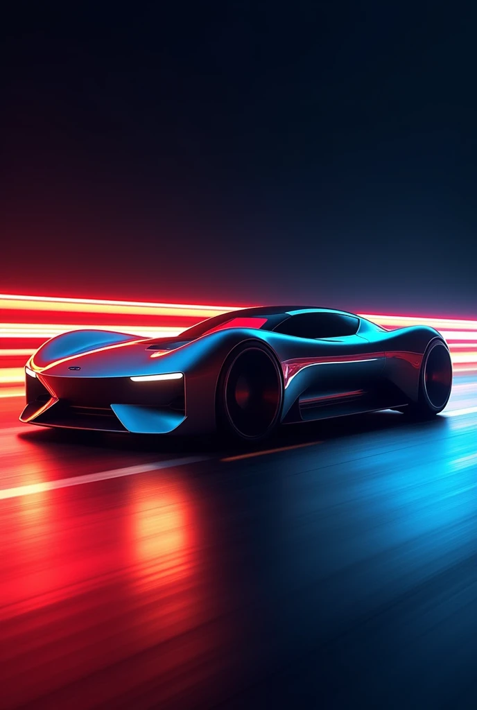 The image features a sleek, futuristic car with a low profile, aerodynamic design, and a shiny, reflective surface. The car is set against a dark background with vibrant red orange and blue light reflections on the ground, giving it a dramatic and high-tech appearance. The vehicle appears to be a concept car, likely incorporating advanced technology and cutting-edge design elements. uhd 16k, professional photography, image like neon box 3D light