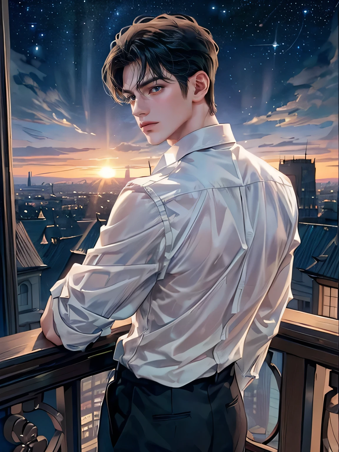 ((4K works))、masterpiece、(top-quality)、One Beautiful Boy、Slim body、tall、((Black Y-shirt and white pants、Charming street style))、(Detailed beautiful eyes)、Stylish English Black Balcony、Castle inhabited by villains、Black shop window、Balcony at night、((Starry sky in the background))、((dark sky))、((Stylish cityscape))、((Shot on a stylish veranda))、mid night、((Short-haired black hair))、((Smaller face))、((Neutral face))、((White eyes))、((American adult male))、((Adult male 26 years old))、((Cool Men))、((Like a celebrity))、((Gentle look))、((Korean Makeup))、((elongated and sharp eyes))、((Happy dating))、((boyish))、((Upper body photography))、Professional Photos、((Shot alone))、((shot from back))、((Shot so that the back of the head is visible))、((Shot in close proximity to him))、((Focus zoom in))、((He is watching the sunset))、((He is standing on the balcony))