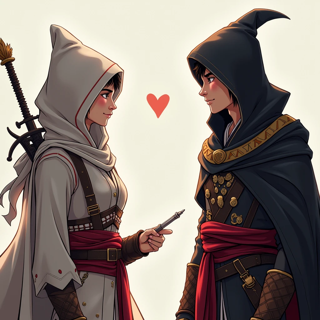 Je voidrais genere une image de mon avatar recevant la plume pour ecrire de l’avatar de ma muse mon avar es Ezio de assassin’s creed et l’avatar de ma muse c’est Niele de bleach et lle me donne la plume pour ecrire nous nois tenons face a face