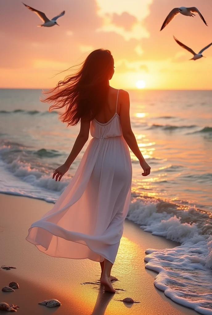 Beautiful woman walking on the seaside