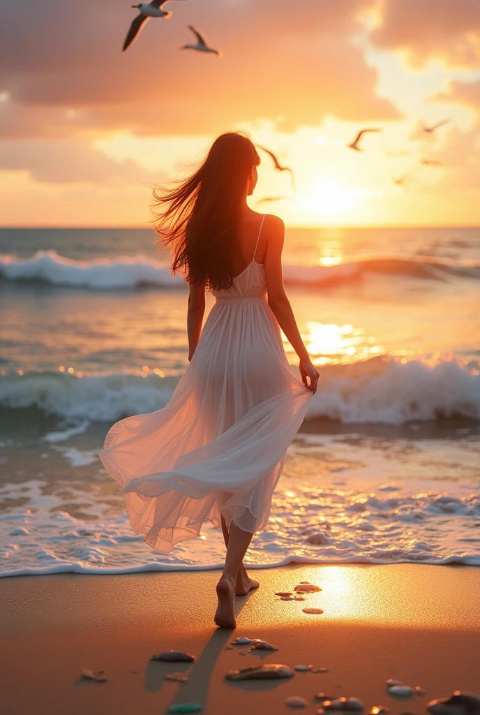 Beautiful woman walking on the seaside