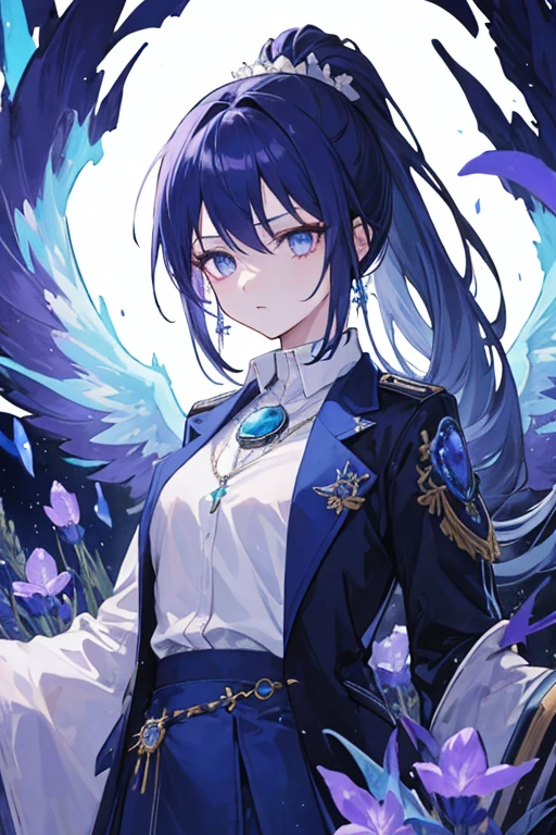 (High quality),(masterpiece),(Beautiful),1 Girl, solo, beautiful,long navy blue hair, ponytail, lavender eyes, high neck shirt,collared full sleeves jacket,amethyst crystal locket, cold gaze, mysterious, blue phoenix in background, soft blue flames, blue flowers
