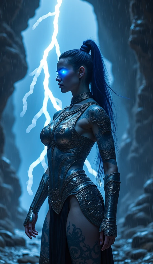Aletta Ocean, angry evil beautiful and muscular, Nordic female, towering storm Giantess with blue black hair in a ponytail, older and mature woman, throwing a lightning ball, celtic glowing tattoos, wearing silver nordic steel runic plate mail Armour , temple cave background with lightning storm, glowing blue eyes, square jaw, powerful and imposing, winter clothing, pale blue purple skin, ((full plate silver celtic dragon armour)), nordic tattoos with bodybuilder physique