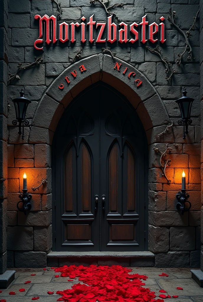 the couple SINA and NICO are going to get married at a location called MORITZBASTEI, i need a goth rock artwork. Be sure to visualize the Names SINA and NICO plus the name of the location MORITZBASTEI. Fo not feature people in the artwork