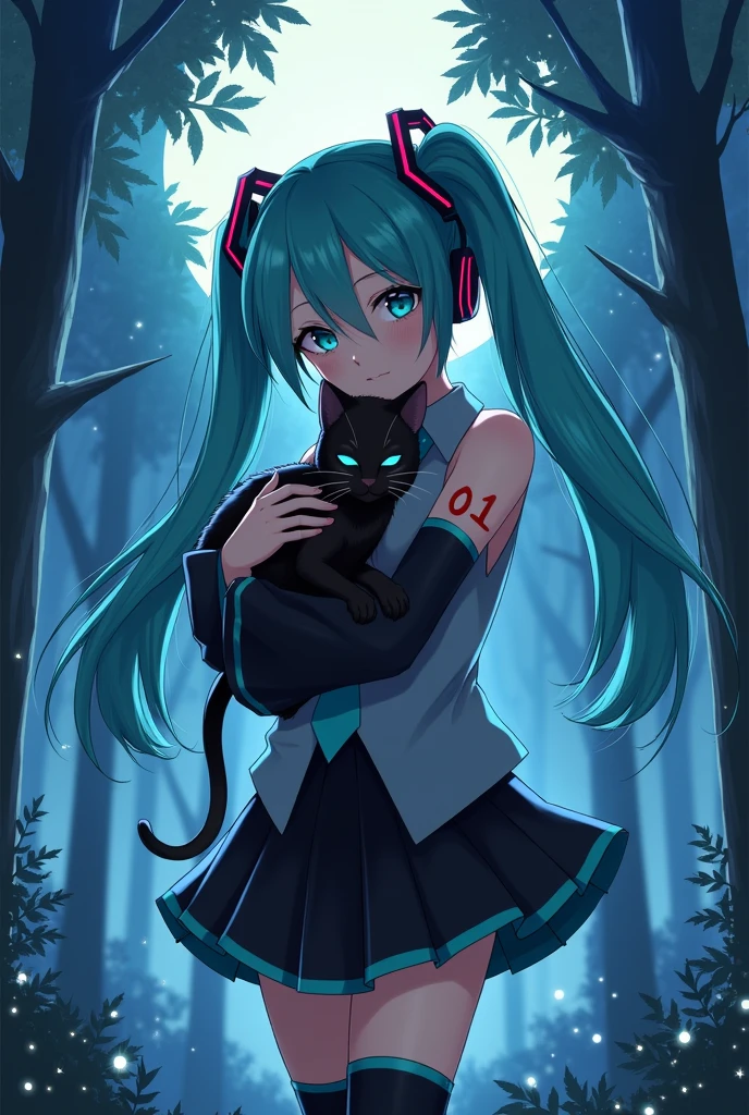 Anime art, anime style, detailed drawing, beautiful forest background background, high definition, high quality, one girl, solo, Hatsune Miku, aqua hair, twin tails, headphones, number tattoo "01" (red, located on her right hand), grey sleeveless collared shirt, black detached sleeves with aqua lines, five fingers with aqua nails, aqua necktie, black pleated mini skirt with aqua lines, zettai ryouiki, thigh-high black boots with aqua lines.
Get example from this image: https://vocaloidespanol.fandom.com/es/wiki/Hatsune_Miku?file=Hatsune_Miku.png
Miku Hatsune hugging a black cat in the night; there is ghost following her behind