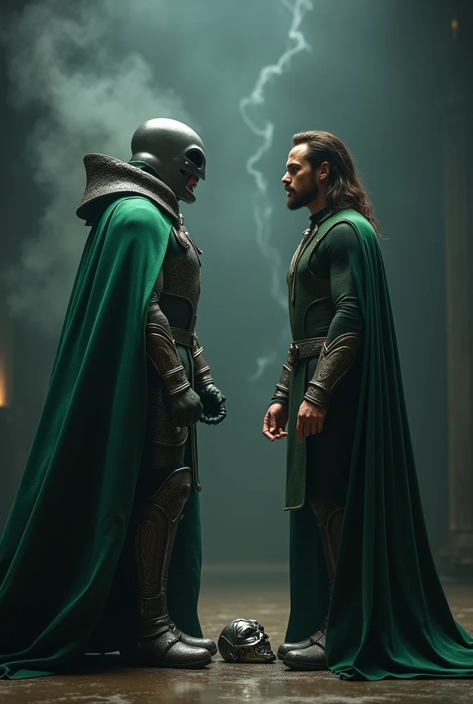 Iron man character Robert Downey Jr as Dr.doom,in a green cloak , metal armour,iron mask off,in villain character , face off with Loki the God of multiverse (character played by:Tom Hiddleston),different profiles, smoky,  dark mysterious background, ultra realistic, realism 16K,textured skin.