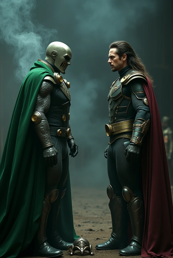 Iron man character Robert Downey Jr as Dr.doom,in a green cloak , metal armour,iron mask off,in villain character , face off with Loki the God of multiverse (character played by:Tom Hiddleston),different profiles, smoky, dark mysterious background, ultra realistic, realism 16K,textured skin.