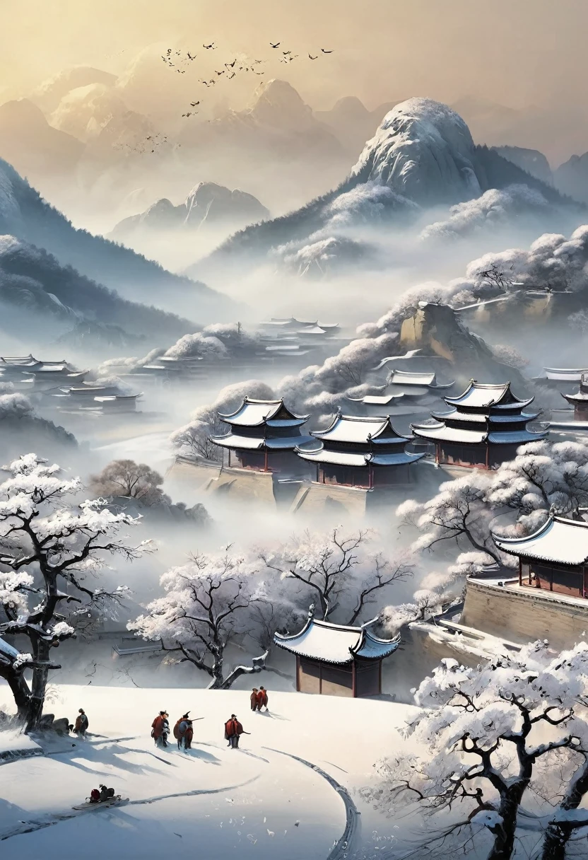 , plum bossom, Flying snow，Mingyuechun's,  landscape details — Width 672,  Enhance Details., 32K ，Ultra HD，Classic Attic，Chinese style，中Chinese style，antiquity，No Characters，Pure landscape painting