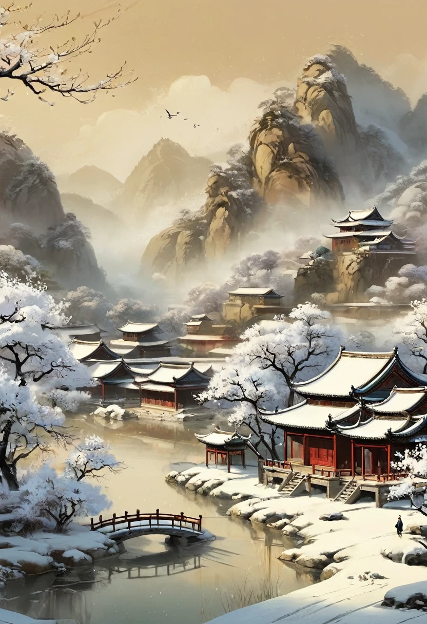 , plum bossom, Flying snow，Mingyuechun's,  landscape details — Width 672,  Enhance Details., 32K ，Ultra HD，Classic Attic，Chinese style，中Chinese style，antiquity，No Characters，Pure landscape painting