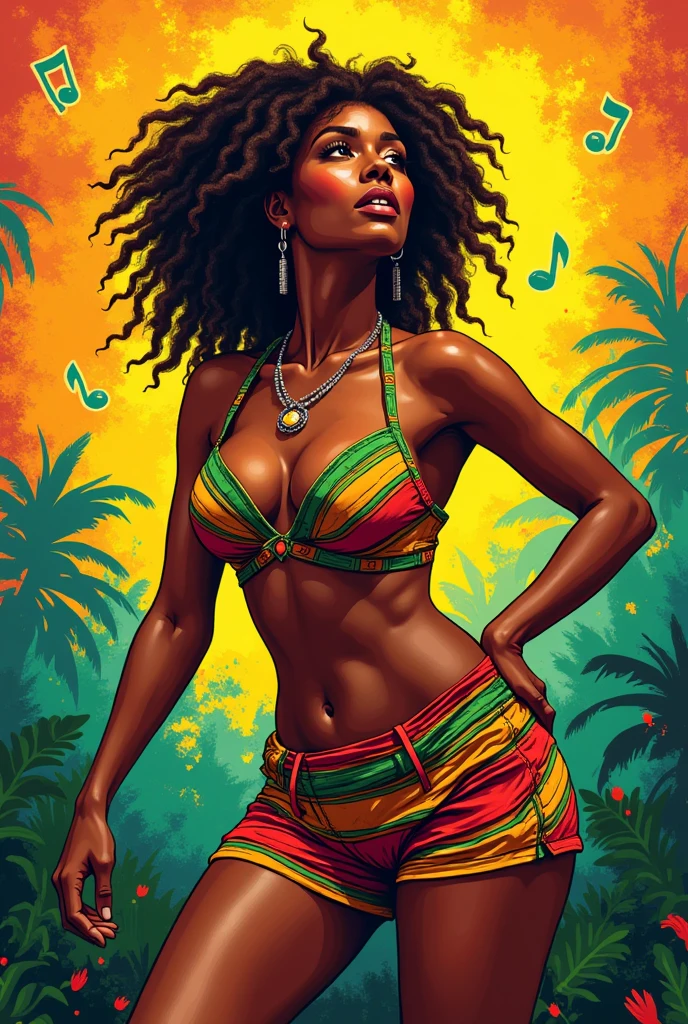 vectorial art, With a lot of Jamaican reggae, woman with big breasts, thin thighs and wide, Authentic Jamaican Reggae Music Atmosphere,colorful illustrations, At the center, swirly vibrant colors, paint splashes and smears, high détail,