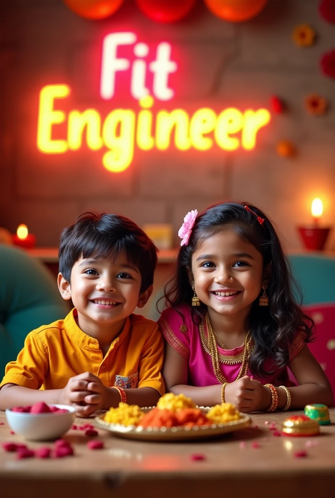 Create image give text fitengineer in the background in bold font with light colour and Also a Happy Raksha Bandhan with the small siblings
