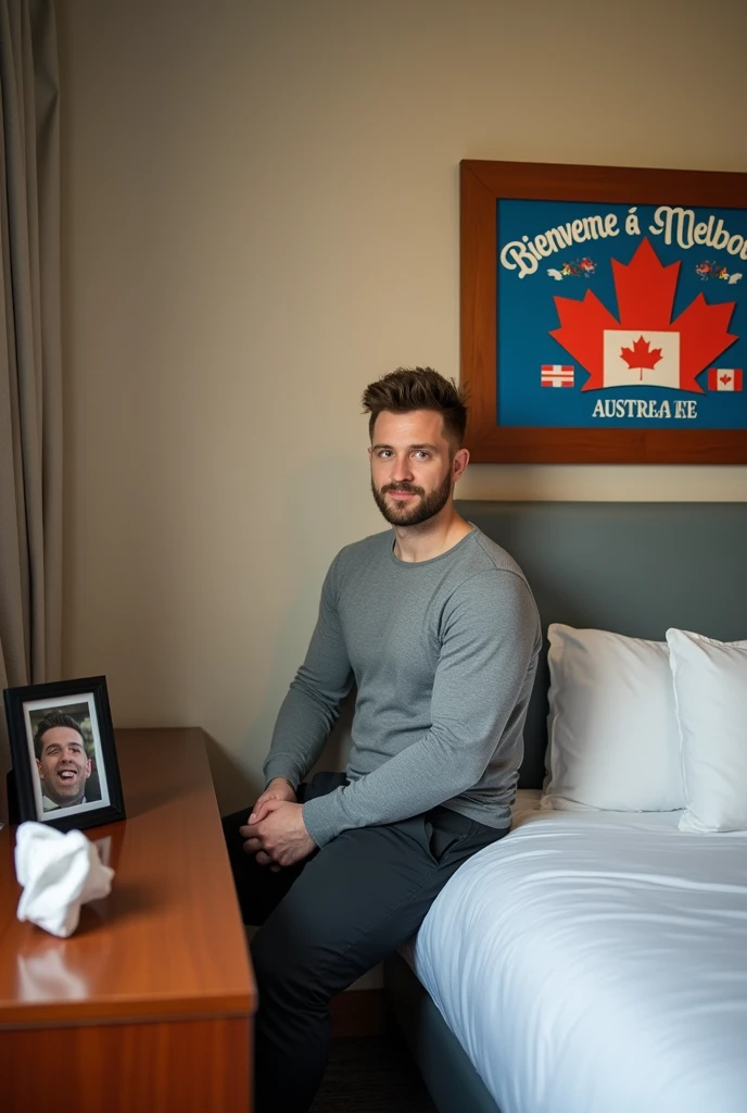 Homme caucasien grand de taille, charmant, un peu costaud, habillé en pantalon et tee-shirt manche longue, assis ou adossé sur une table dans une grande chambre d'hôtel, sur la table qu'il y ait également un papier mouchoir déjà utilisé sur la table et sur le lit de l'hôtel qu'il soit déposer un cadre photo grand ou moyen qu'il est possible de faire arrêter sur le lit et faire face à la caméra et sur le mur du chevet du lit un tableau sur lequel il est écrit en français : Bienvenue à Melbourne AUSTRALIE et autour de la phrase qu'il y ait les emblèmes du CANADA QUÉBEC ou le drapeau du CANADA QUÉBEC