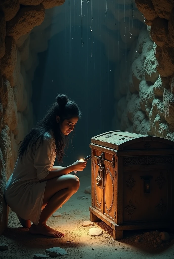 Image Prompt*: Priya discovering an old chest with a large lock in the basement.