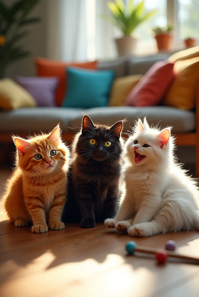 3 cats laughing at a weak cat 