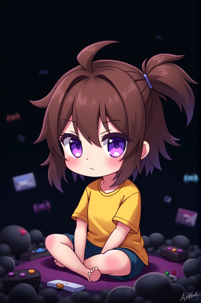 Gamer , black background , Anime girl , brown hair colour , ponytail hair style , yellow T-shirt , purple eyes , empty eye lens , uncaring eye , acts dead , chibi