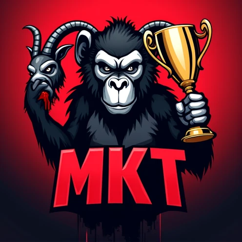 Make an e-sports logo of a monkey holding a bleeding goat's head in its left hand and a champion trophy in its right hand, And in front, the acronym " MKT " black with a red image background