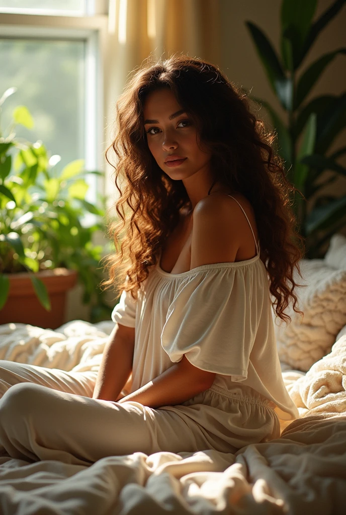 (photorealism:1.2), beautiful woman, sitting on bed, wearing loose off-shoulder top, pajama pants, long curly hair, indoors, soft lighting, plants in background, window with sunlight, cozy room, relaxed pose, realistic, intricate details, warm colors, by Greg Rutkowski, by Alphonse Mucha