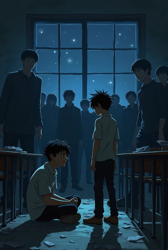 Ryo and Yu are being bullied in the classroom。
detailed: In a chaotic classroom、Desks and chairs toppled、Ryo and Yuu are surrounded by bullies。Ryo was in tears.、Yuu is standing in front to protect Ryo.。The bullies have a cruel look on their faces.、I'm mocking them both。From the classroom window、I can see the dark sky outside、The stars still shine there。