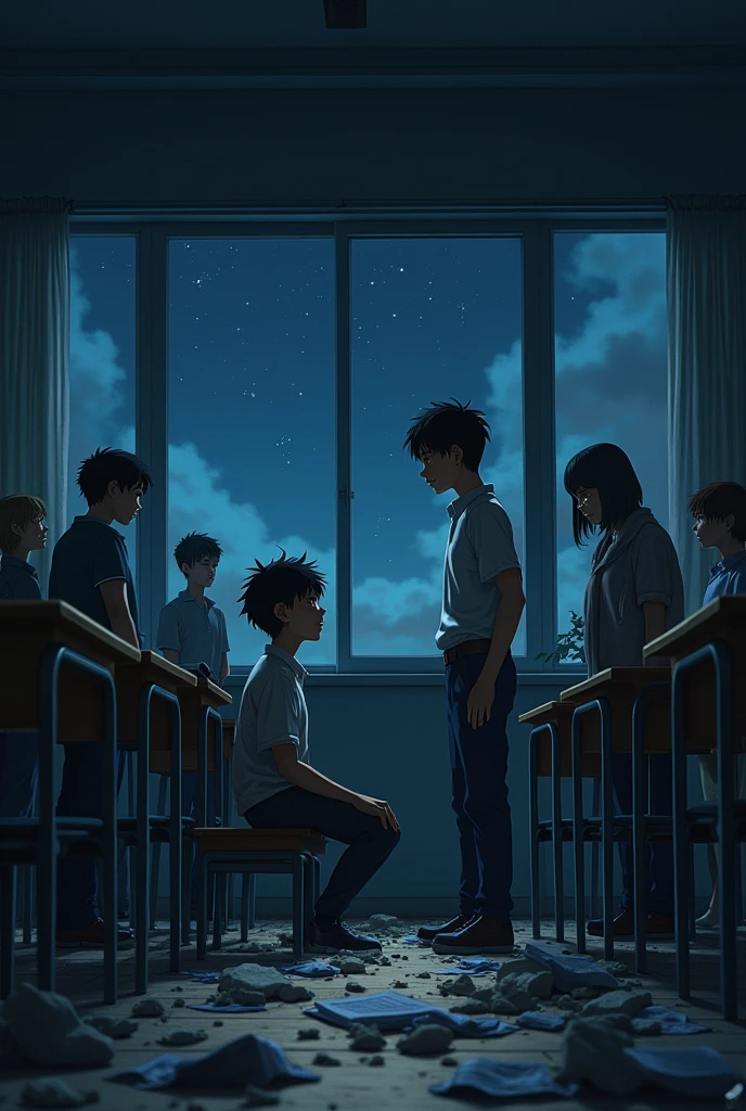 Ryo and Yu are being bullied in the classroom。
detailed: In a chaotic classroom、Desks and chairs toppled、Ryo and Yuu are surrounded by bullies。Ryo was in tears.、Yuu is standing in front to protect Ryo.。The bullies have a cruel look on their faces.、I'm mocking them both。From the classroom window、I can see the dark sky outside、The stars still shine there。