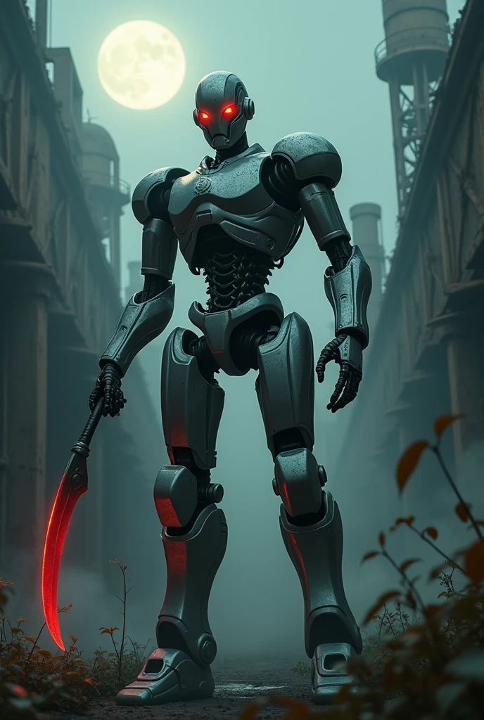 A terrifying male humanoid robot with a sickle in its hand 