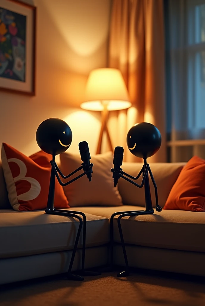 2 stick figures seeing each other holding a mic black, sitting on a couch relaxed and happy